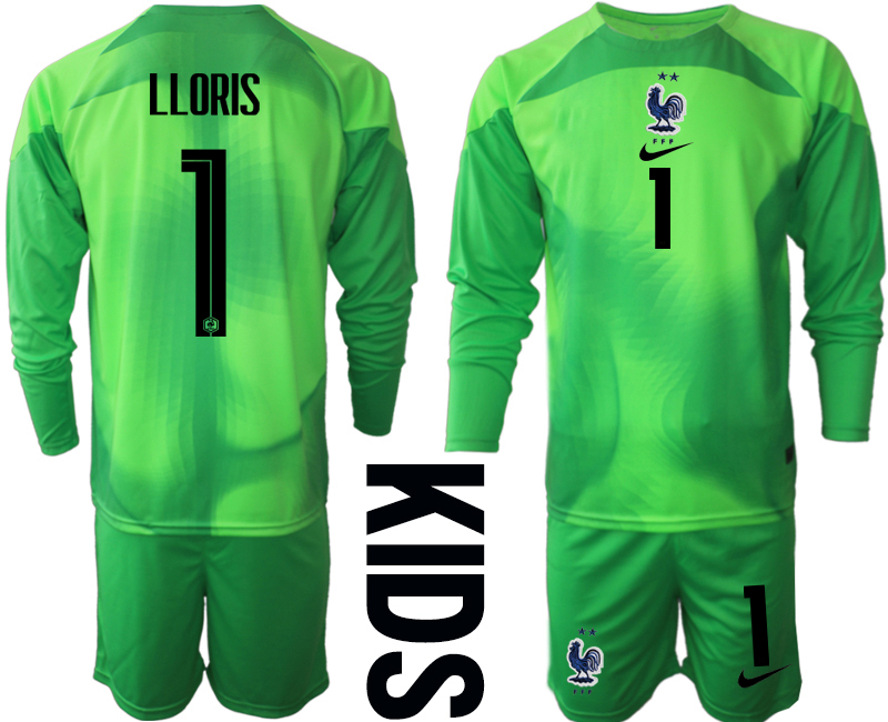 Youth 2022 World Cup National Team France green goalkeeper long sleeve #1 Soccer Jersey